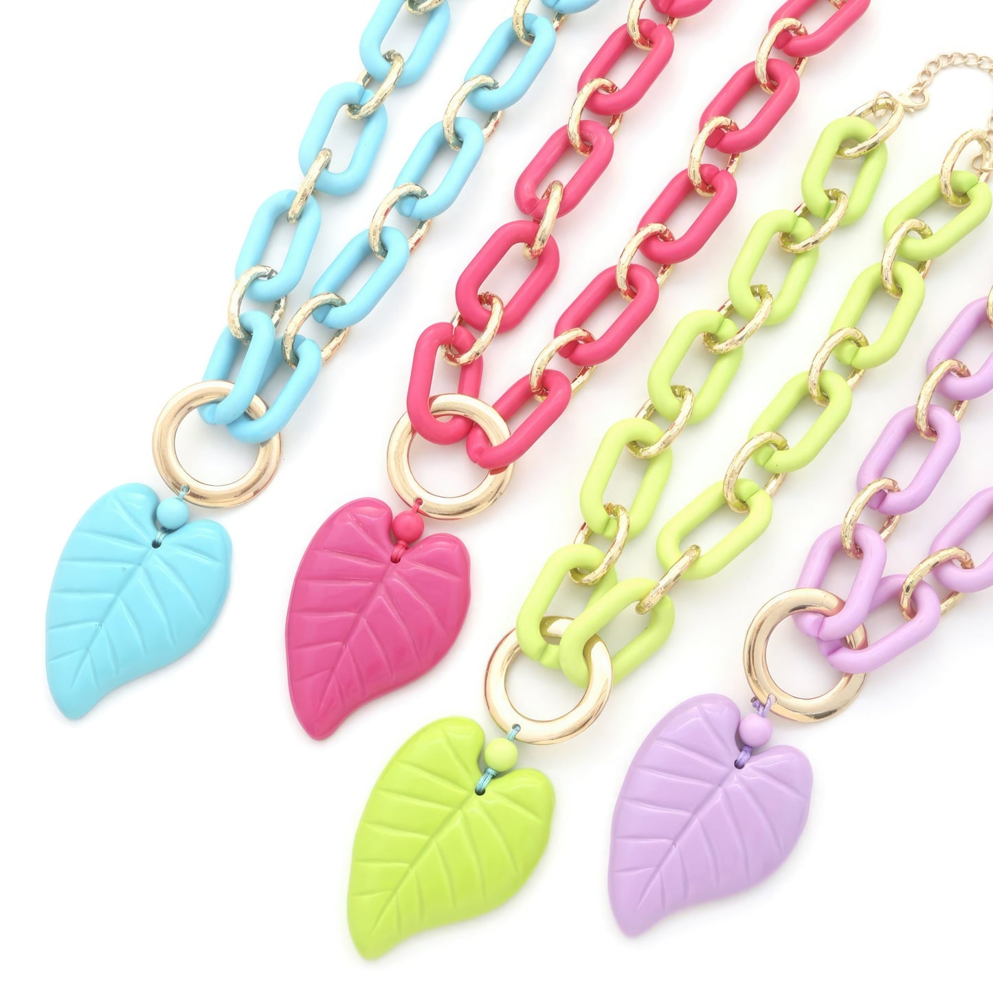 Chunky Color Acrylic Leaf Pendant Necklace Set