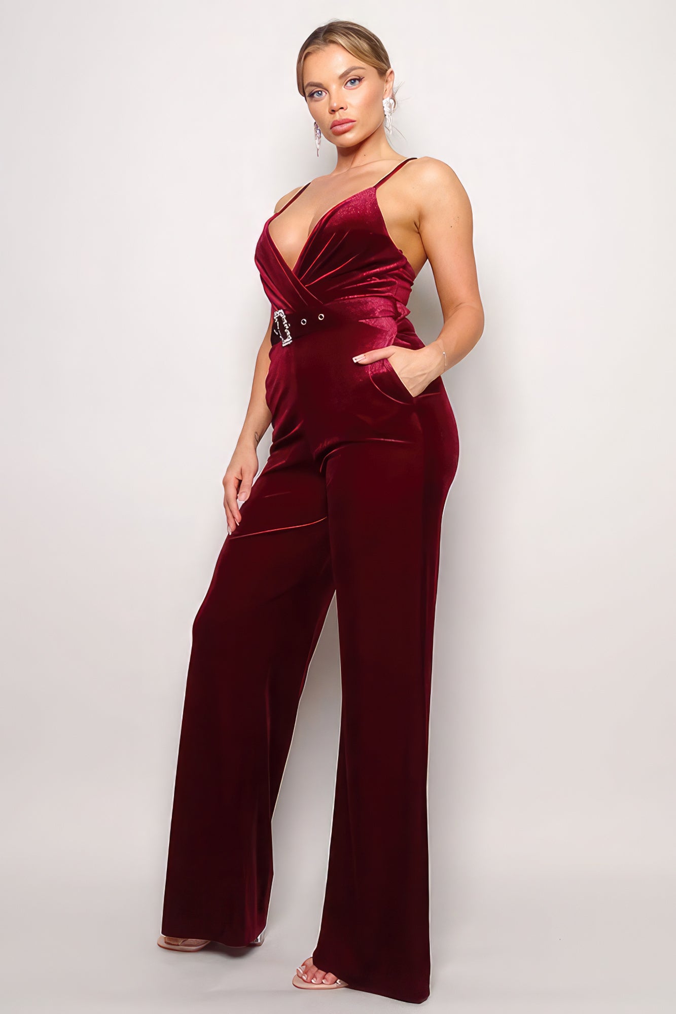 Rhinestone Belt Velvet Jumpsuit