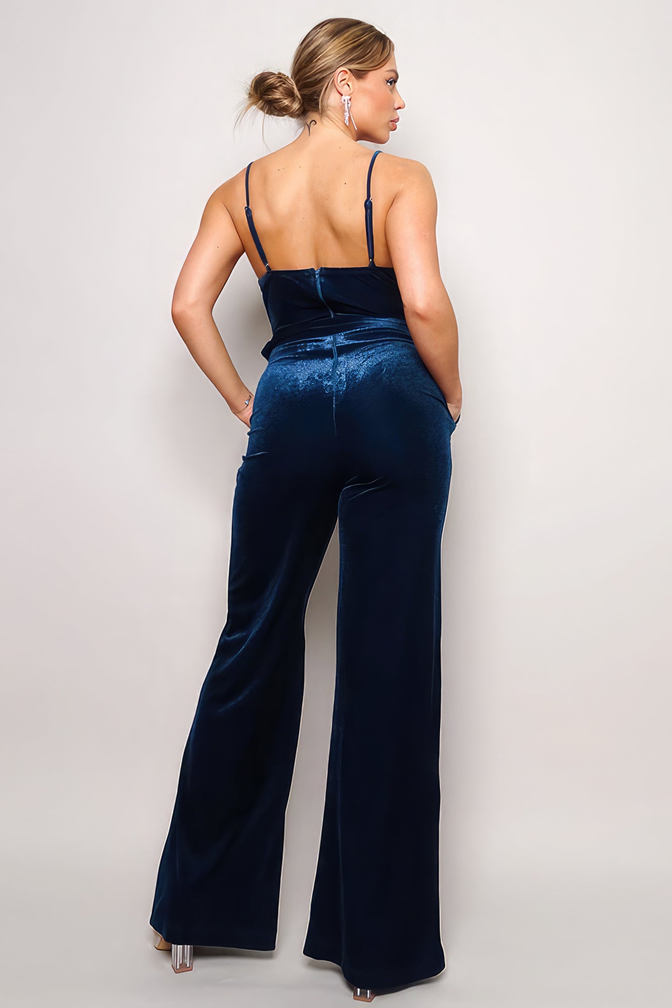 Rhinestone Belt Velvet Jumpsuit