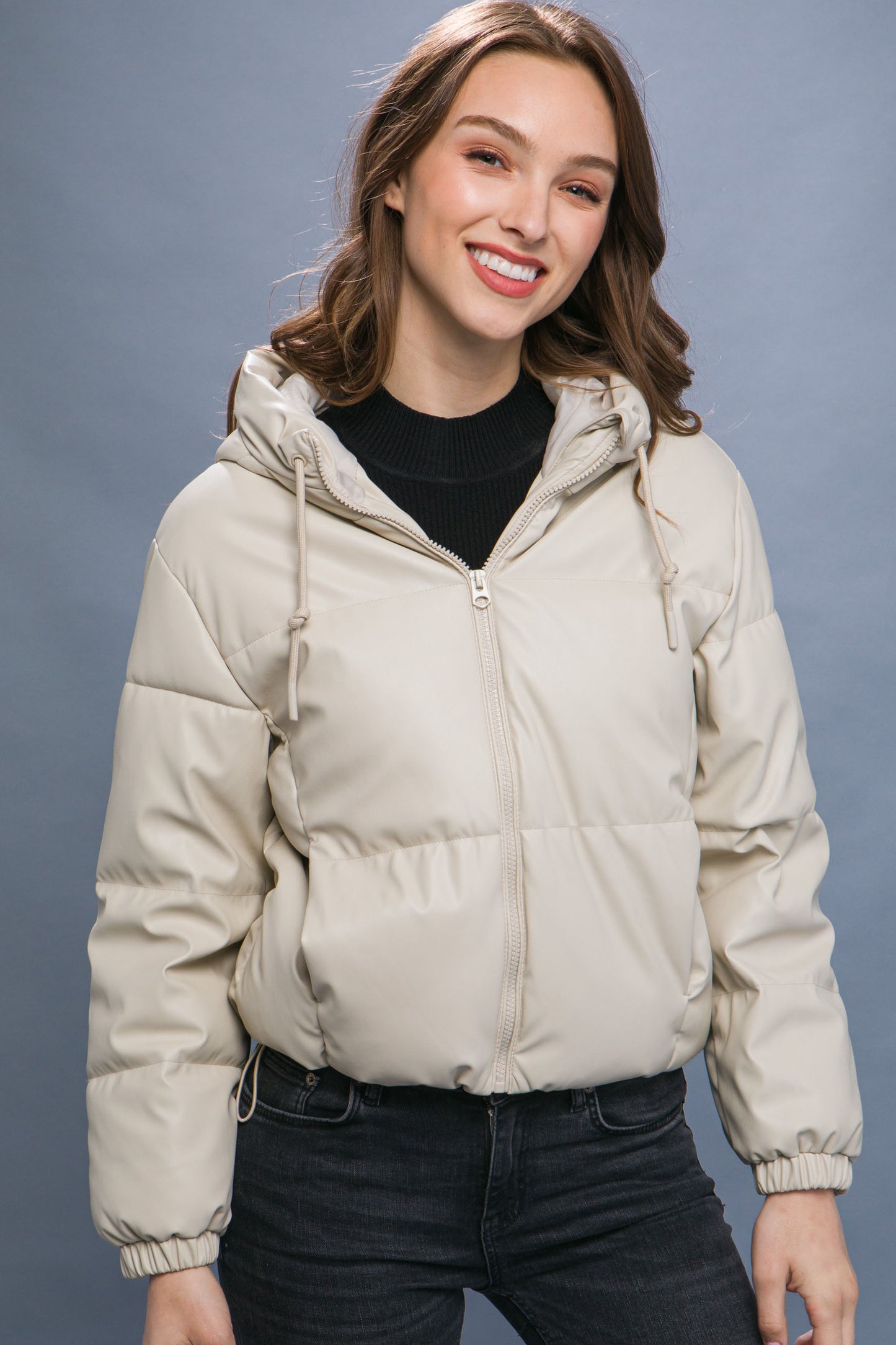 Faux Leather Hooded Puffer Jacket