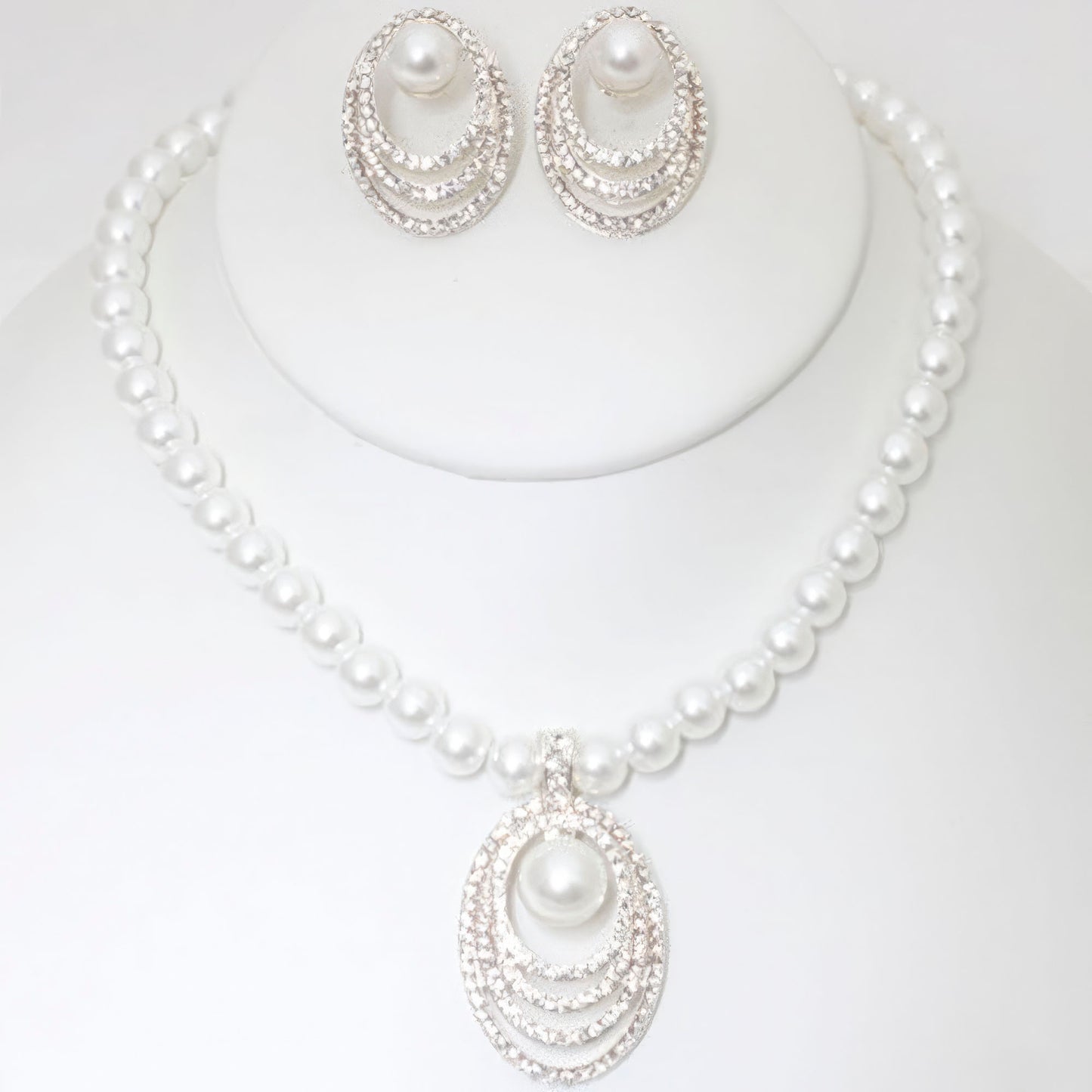Rhinestone Pearl Necklace & Earrings Set