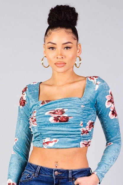 Ruched Velvet Floral Back Tie Crop Top