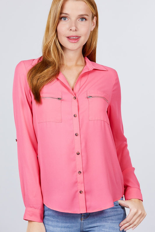 Button Up Zipper Pocket Blouse