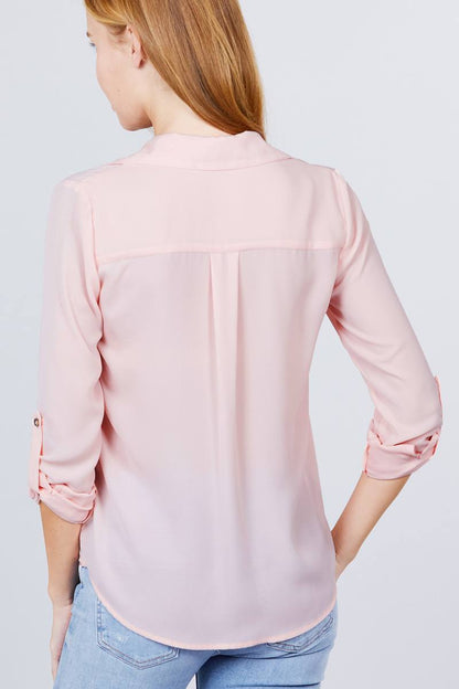 Button Up Zipper Pocket Blouse