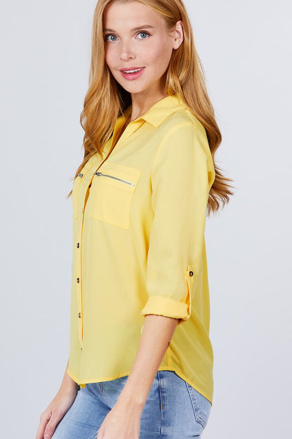 Button Up Zipper Pocket Blouse