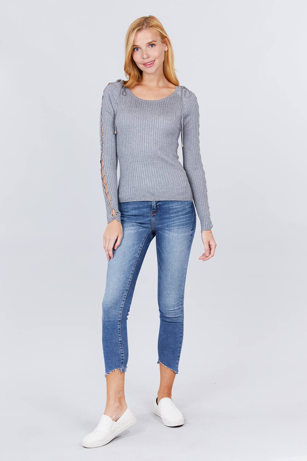 Long Sleeve W/strappy Detail Round Neck Rib Sweater Top