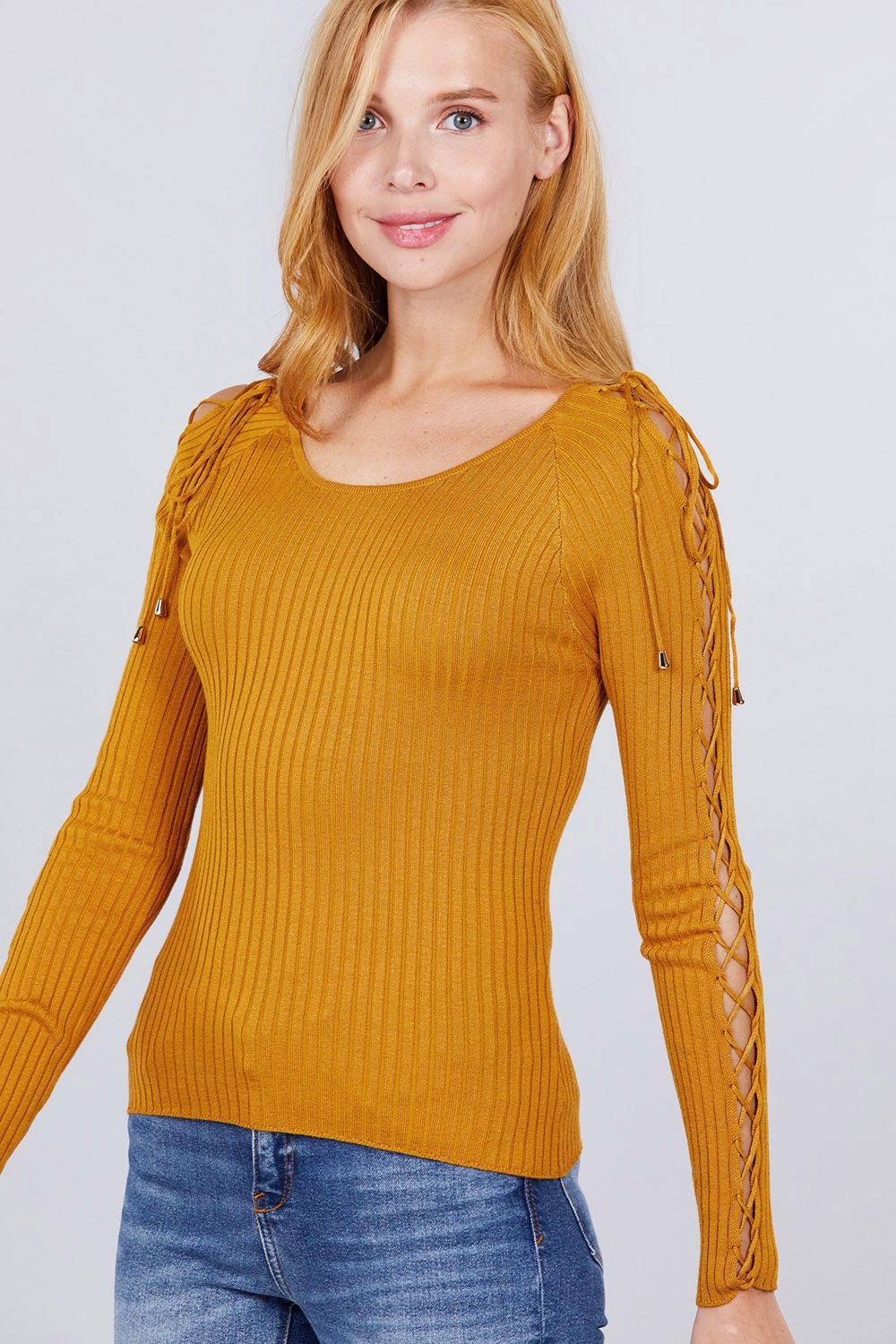 Long Sleeve W/strappy Detail Round Neck Rib Sweater Top