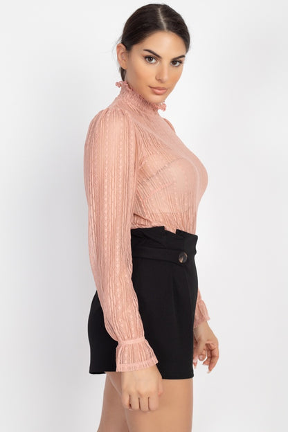 Ruffle Mock Neck Lace Top