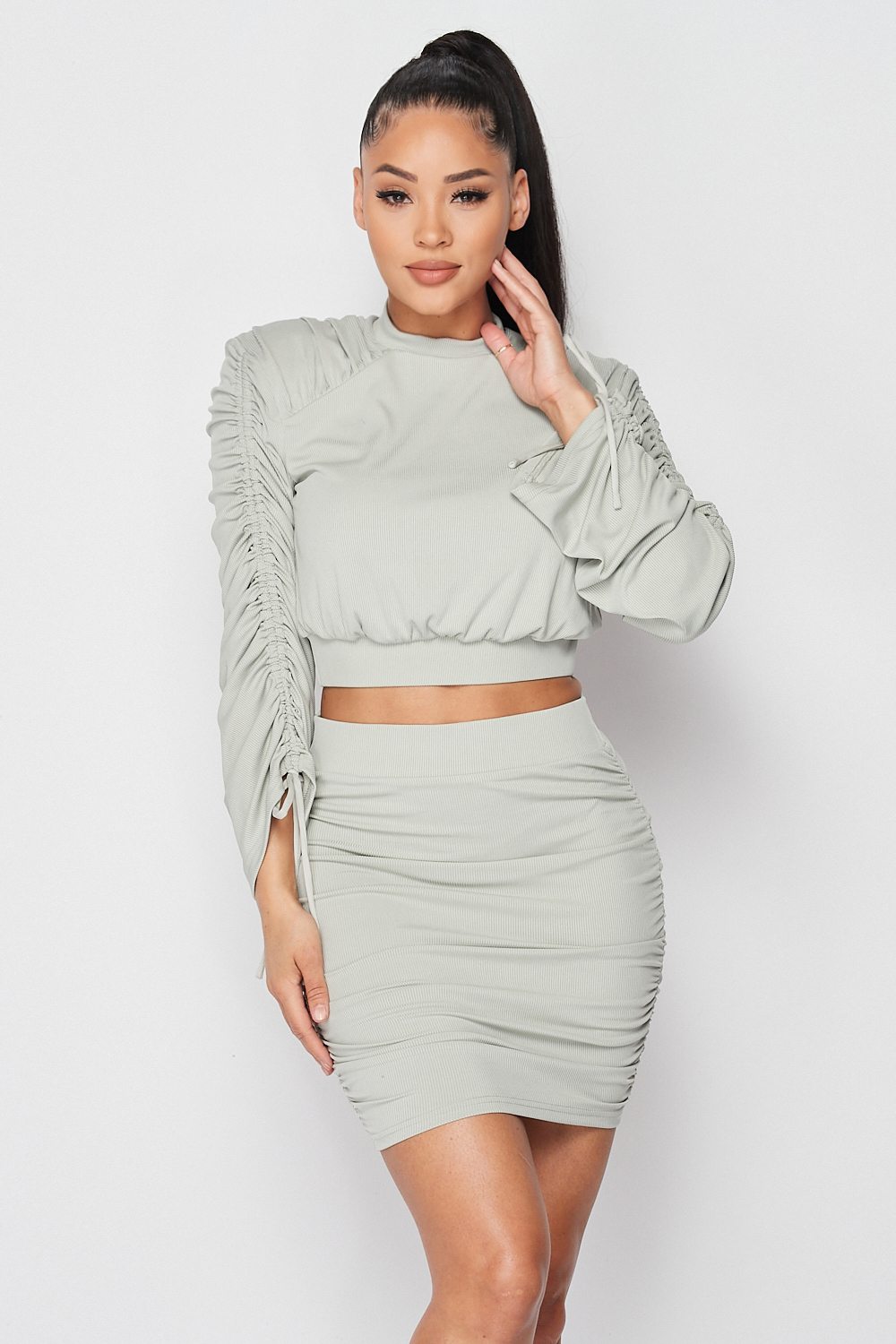 Ruched Long Sleeve & Skirt Set