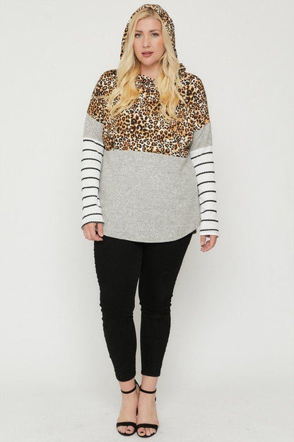 Plus Size Color Block Hoodie Featuring A Cheetah Print