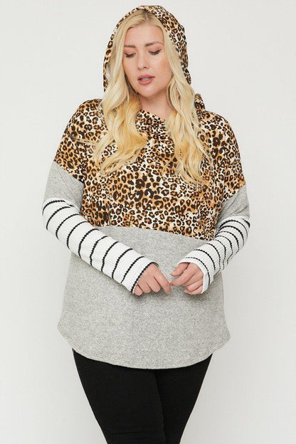 Plus Size Color Block Hoodie Featuring A Cheetah Print