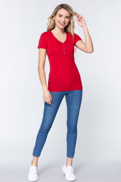 Short Sleeve V Neck Henley Knit Top