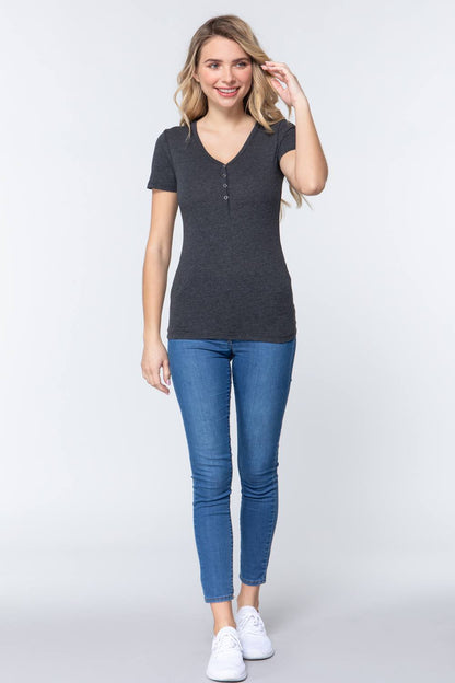 Short Sleeve V Neck Henley Knit Top