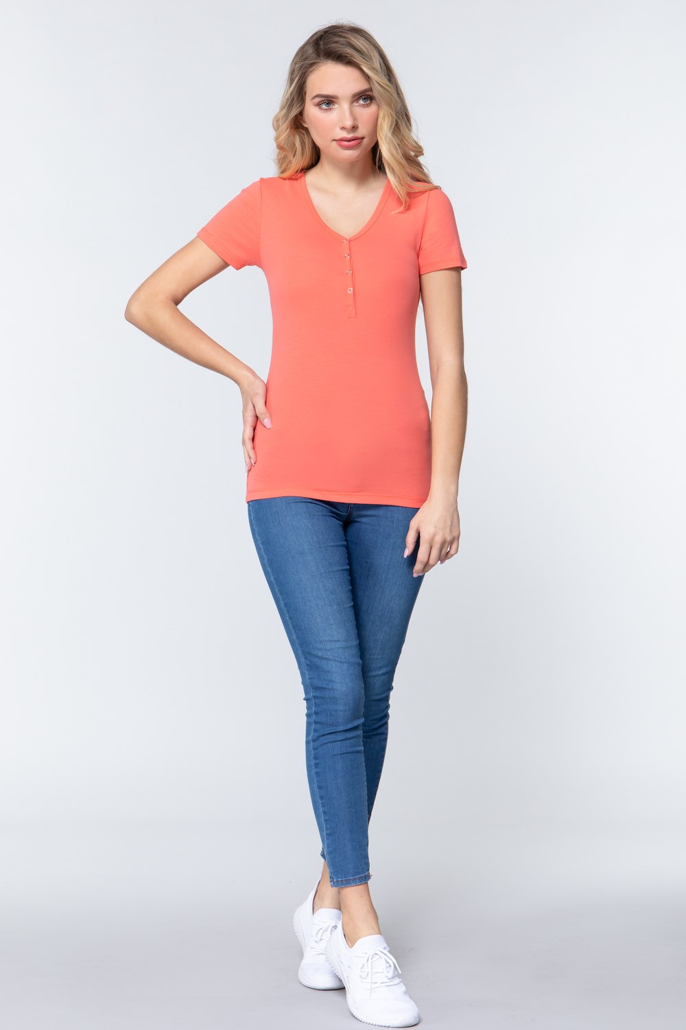 Short Sleeve V Neck Henley Knit Top