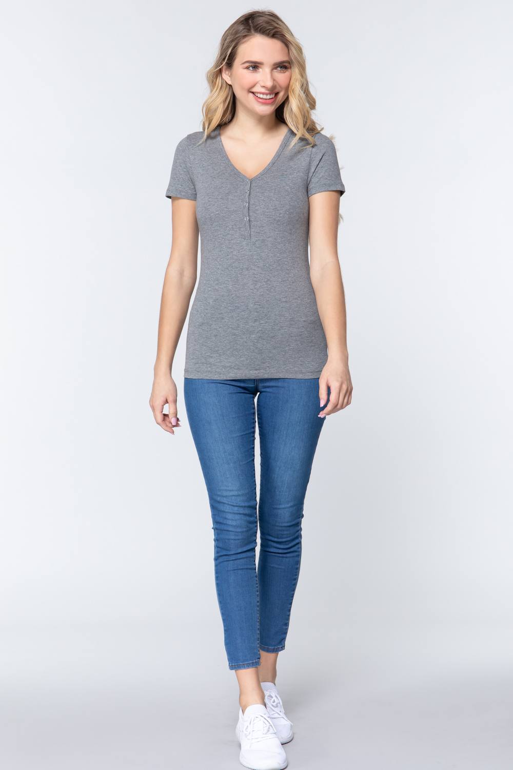 Short Sleeve V Neck Henley Knit Top