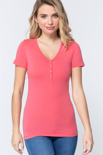 Short Sleeve V Neck Henley Knit Top