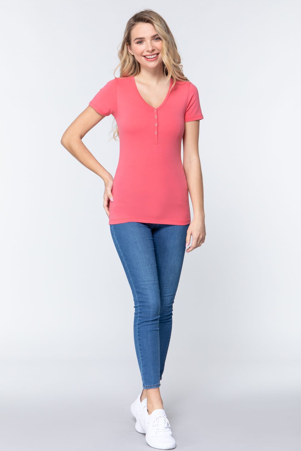 Short Sleeve V Neck Henley Knit Top