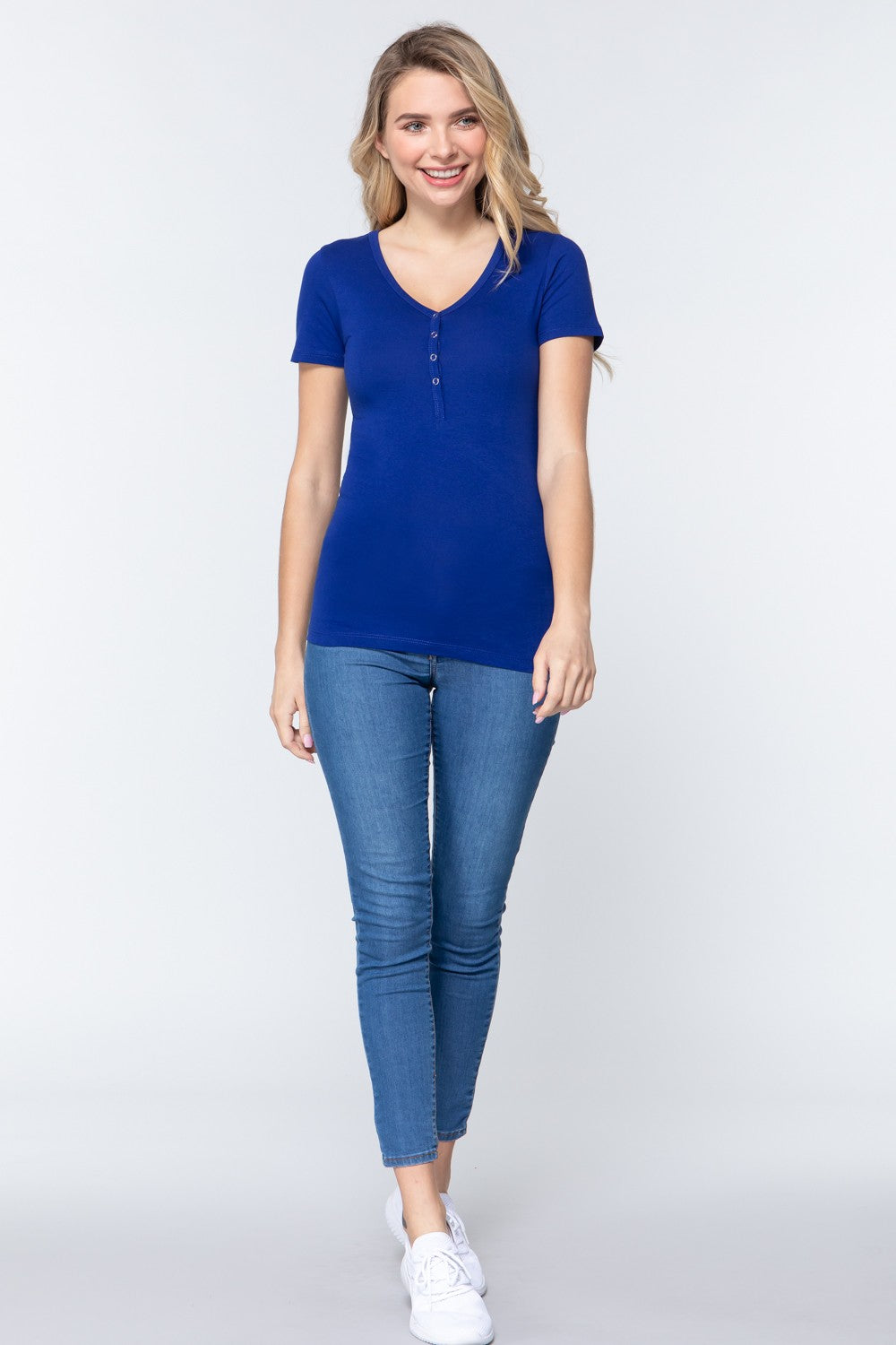 Short Sleeve V Neck Henley Knit Top