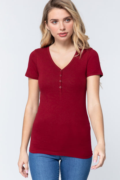 Short Sleeve V Neck Henley Knit Top