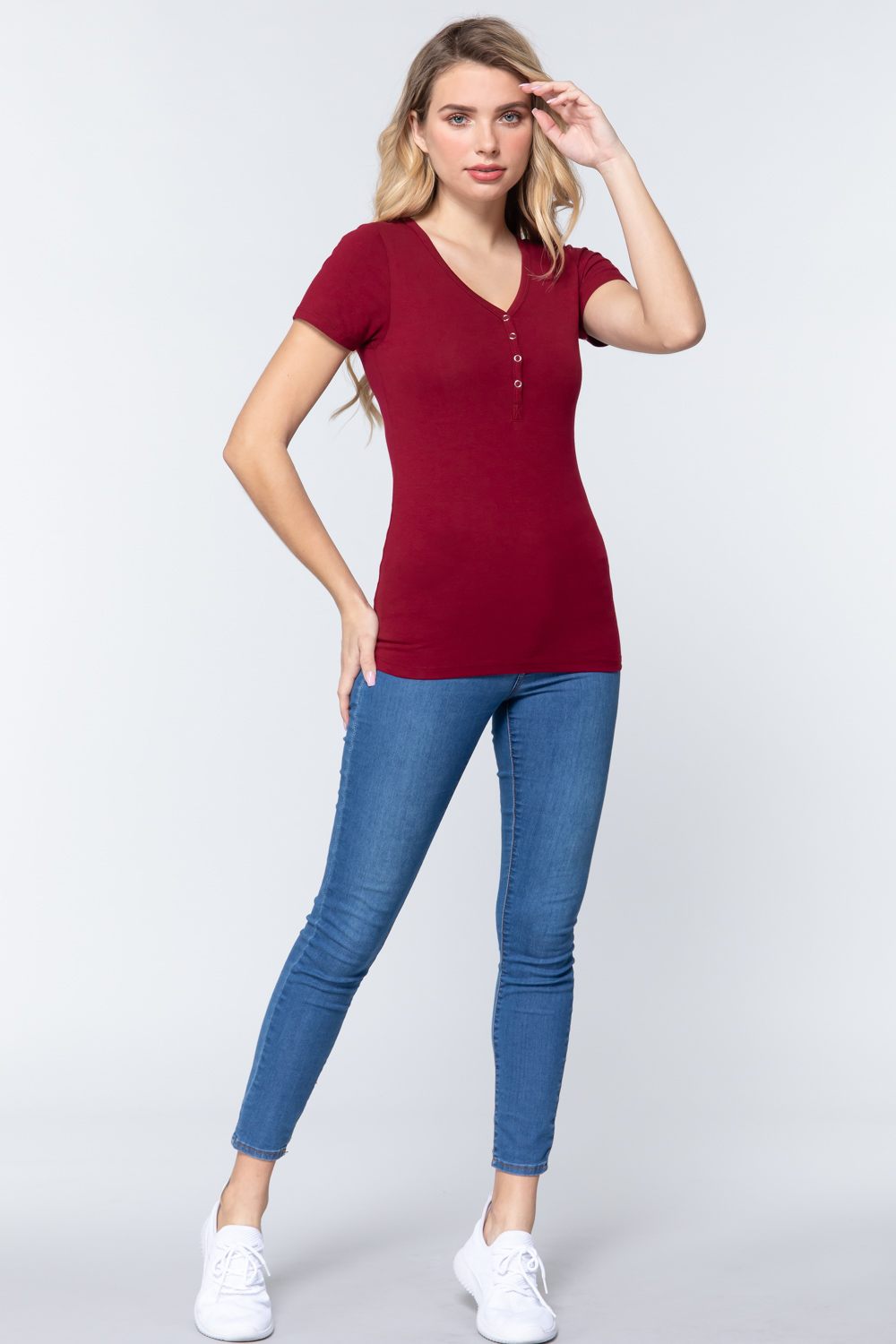 Short Sleeve V Neck Henley Knit Top