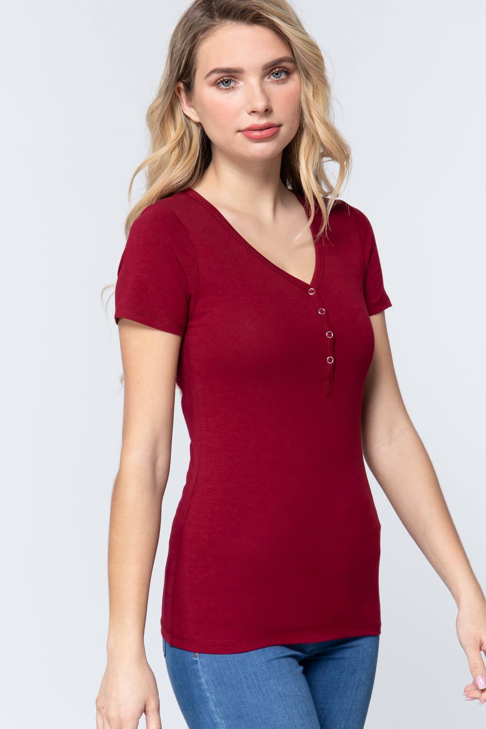 Short Sleeve V Neck Henley Knit Top