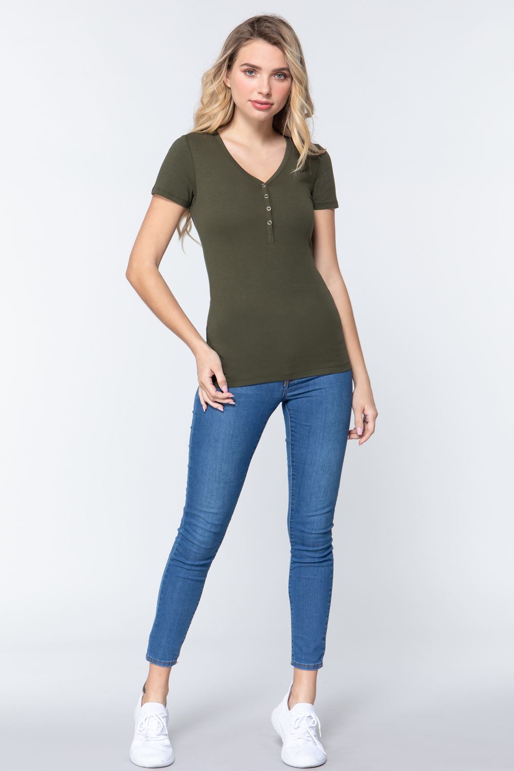 Short Sleeve V Neck Henley Knit Top