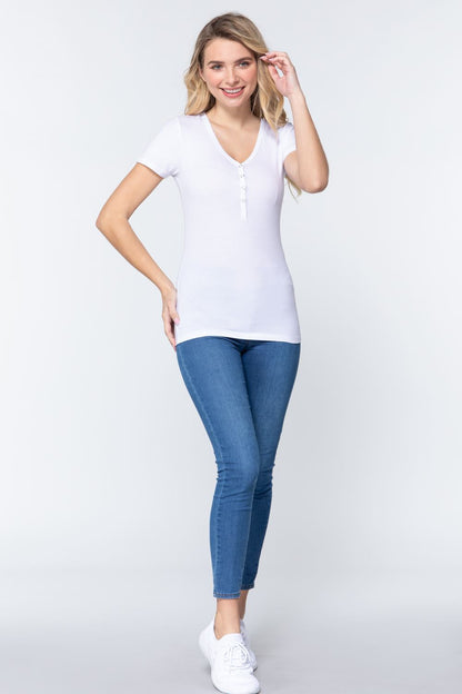 Short Sleeve V Neck Henley Knit Top