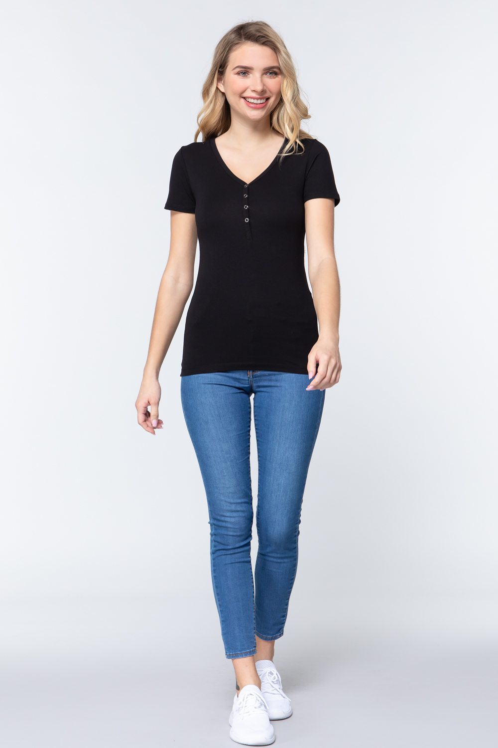 Short Sleeve V Neck Henley Knit Top