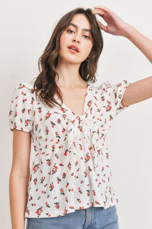 Front Tie Floral Waffle Top