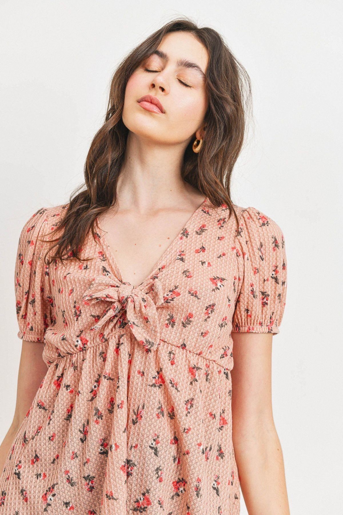 Front Tie Floral Waffle Top