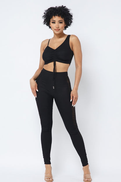 Strappy Ruched Top & Mesh Side Leggings Set