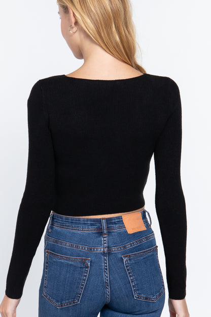 V-neck Front Knotted Crop Sweater