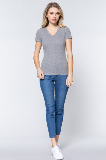 Short Sleeve V Neck Rib Top