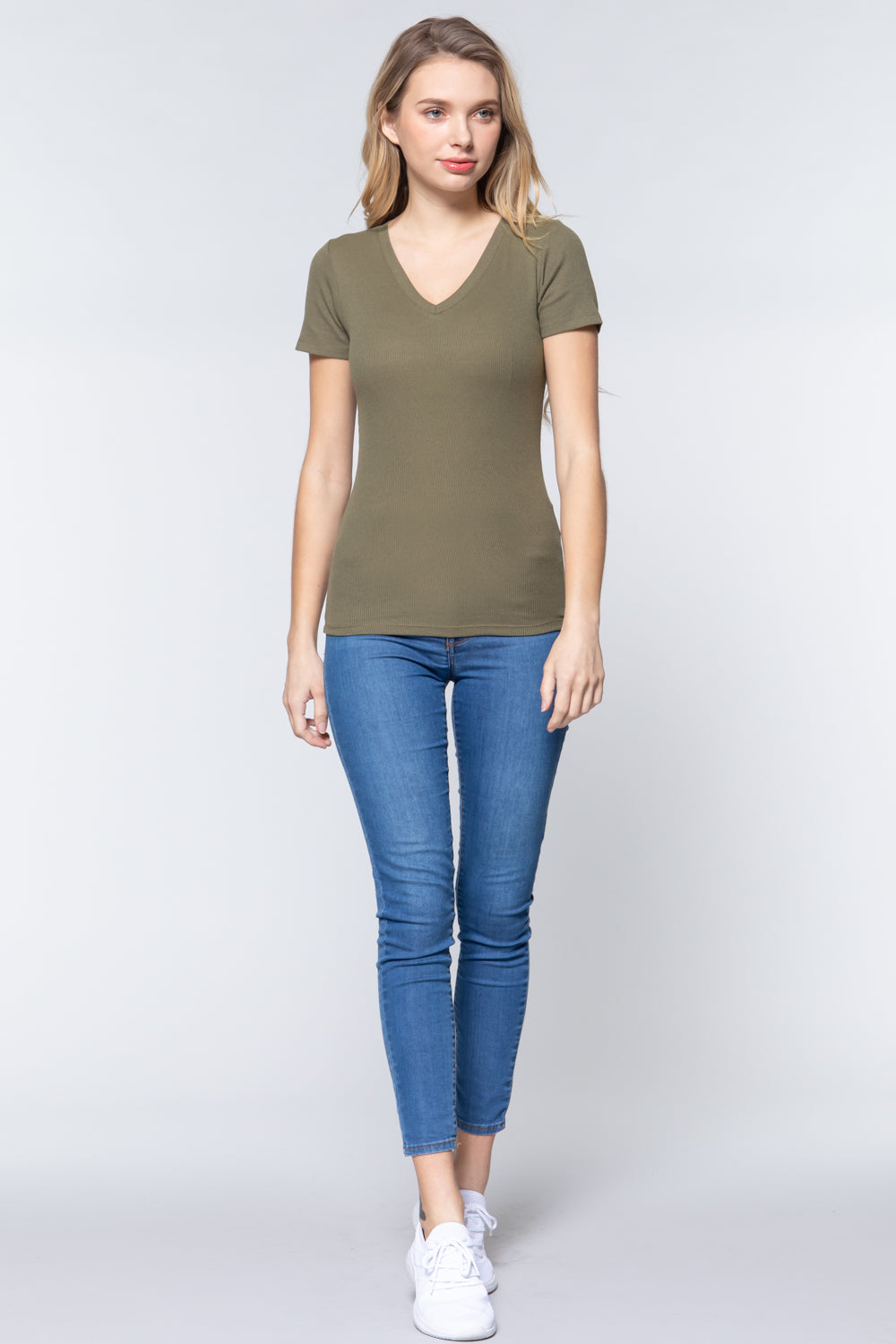 Short Sleeve V Neck Rib Top