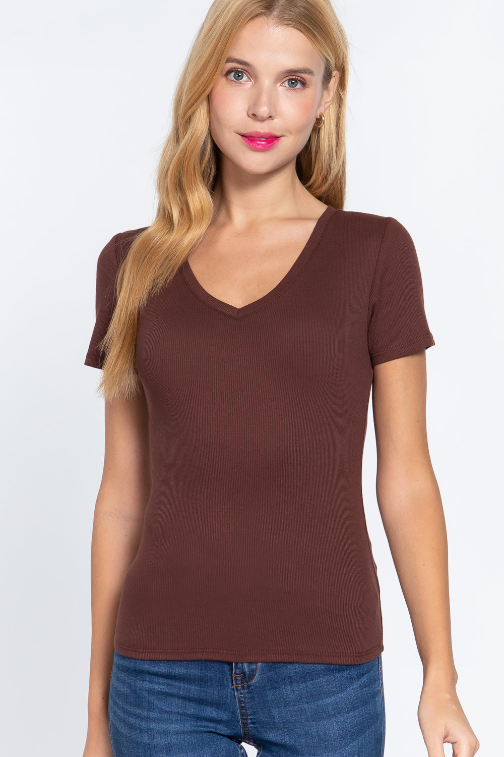 Short Sleeve V Neck Rib Top