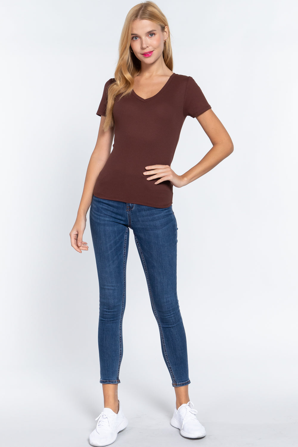 Short Sleeve V Neck Rib Top