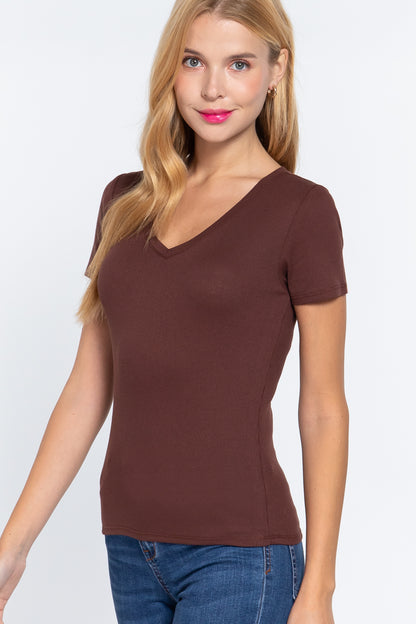 Short Sleeve V Neck Rib Top