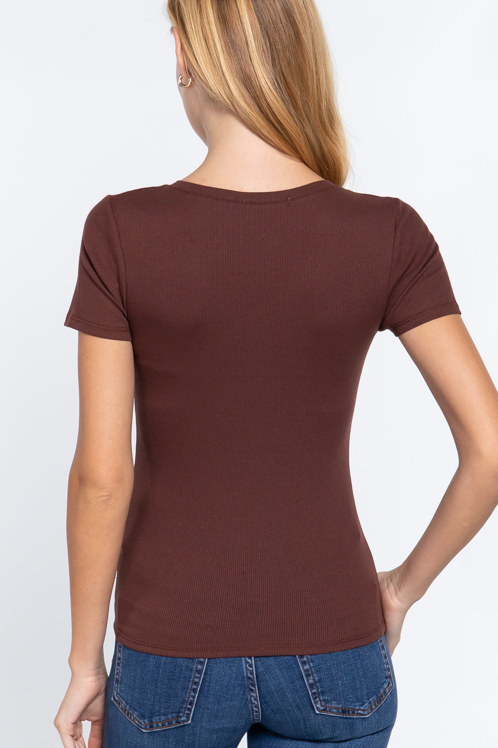 Short Sleeve V Neck Rib Top