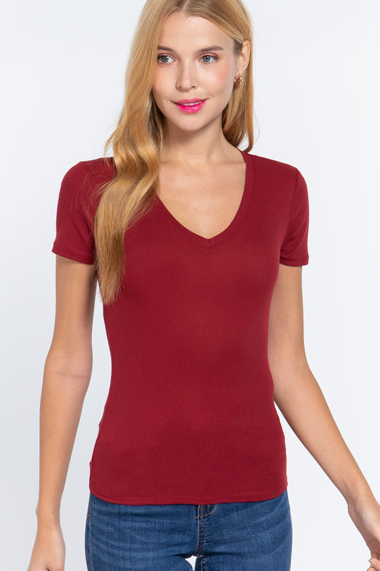 Short Sleeve V Neck Rib Top