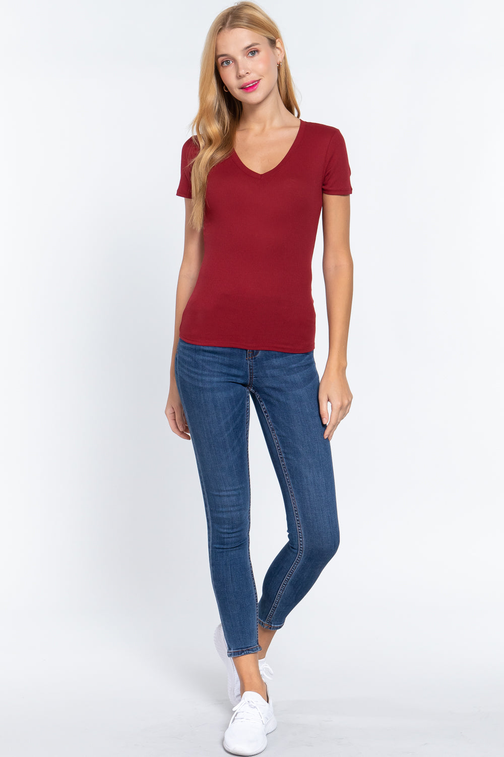 Short Sleeve V Neck Rib Top