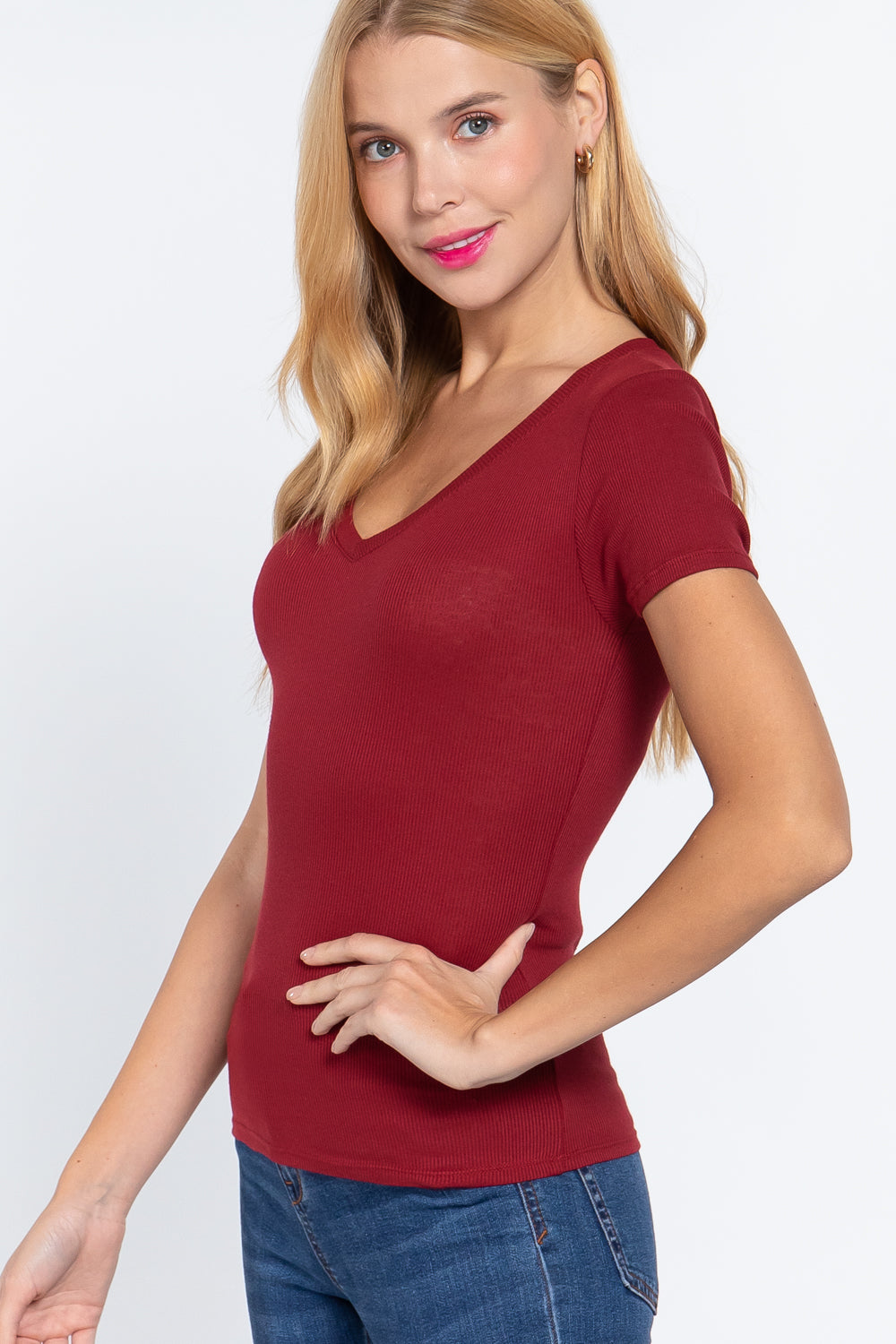 Short Sleeve V Neck Rib Top