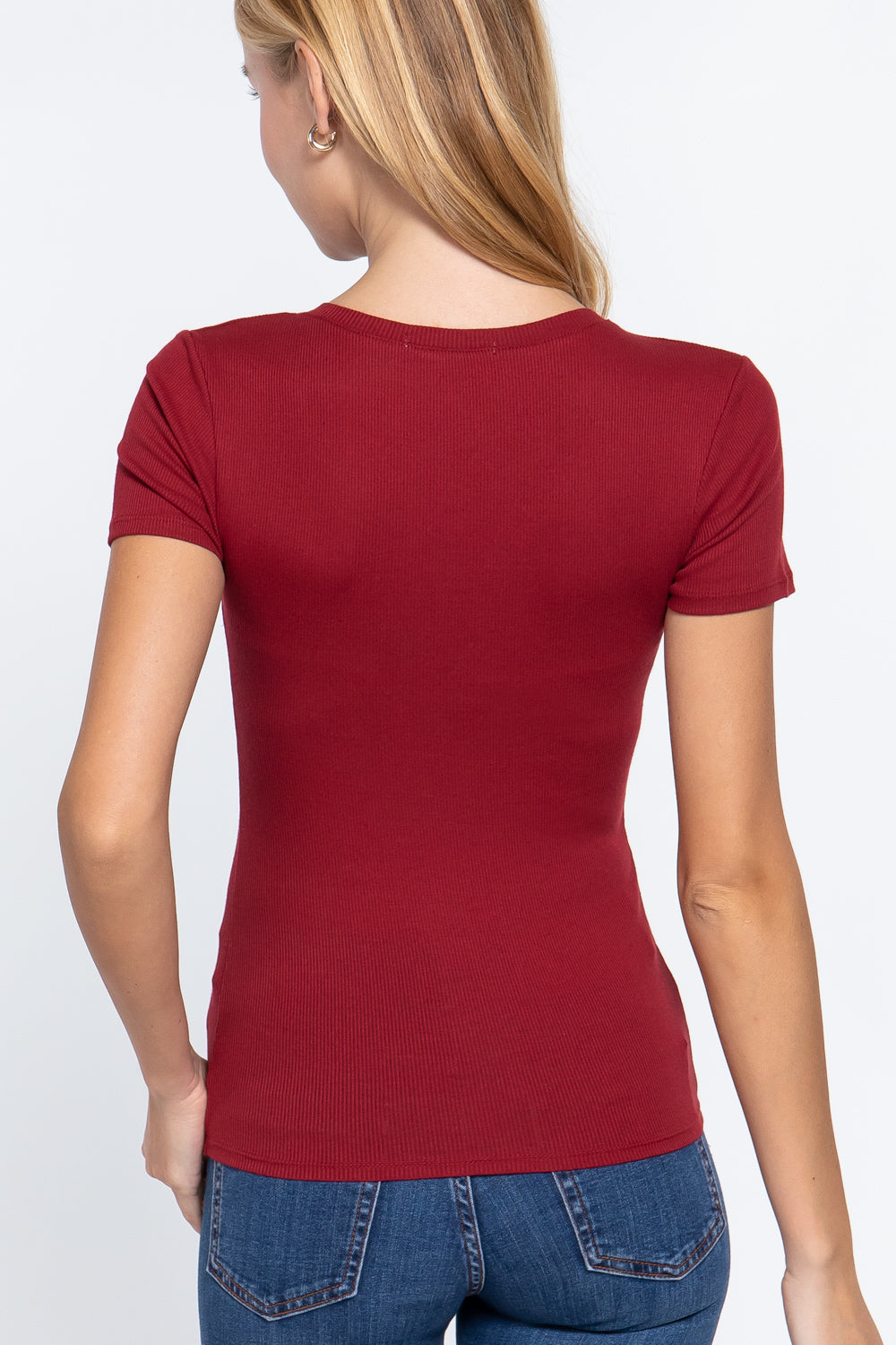 Short Sleeve V Neck Rib Top