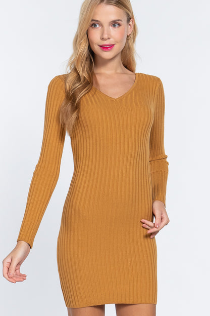 Long Sleeve V-Neck Sweater Mini Dress