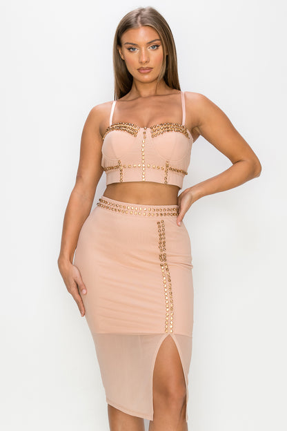 Studded Stone Cami Top & Slit Mini Skirt Set