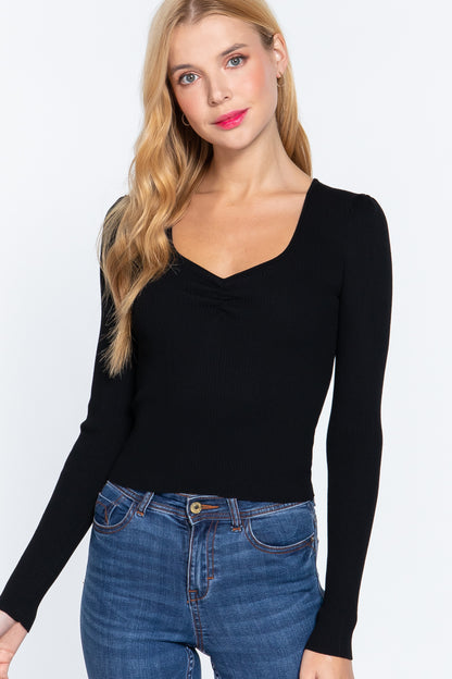 Shirring Sweatheart Neck Sweater