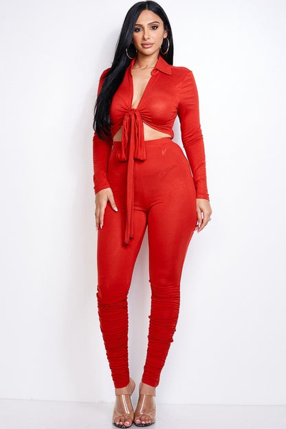 Front Tie Top & Ruched Pants Set