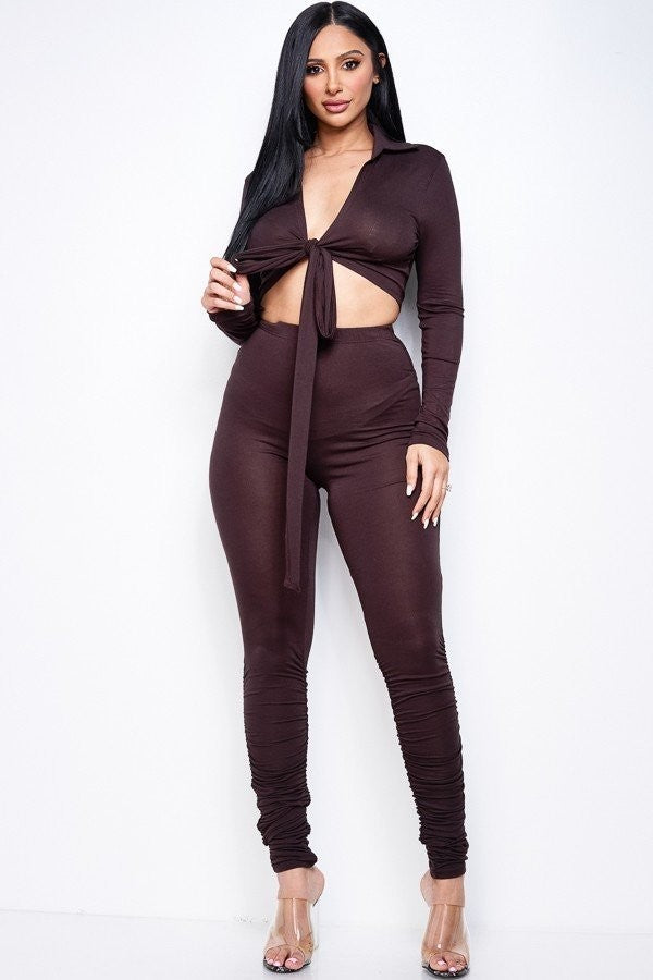 Front Tie Top & Ruched Pants Set