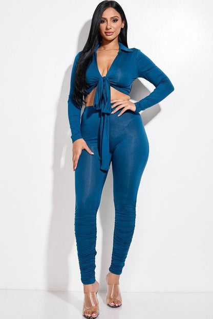 Front Tie Top & Ruched Pants Set