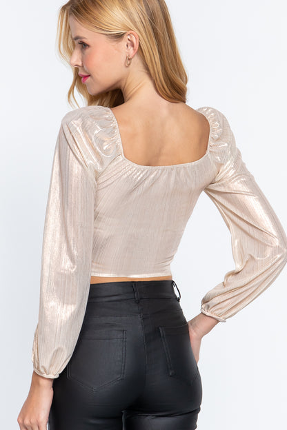 Long Sleeve Ruched Metallic Top