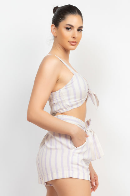 Tie Front Striped Crop Top & Belted Shorts Set